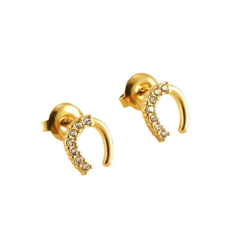 Simple Stainless Steel Horseshoe Semi-set Rhinestones Stud Earrings