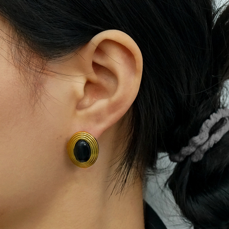 Retro Oval Stainless Steel Stud Earrings with Natural Stones