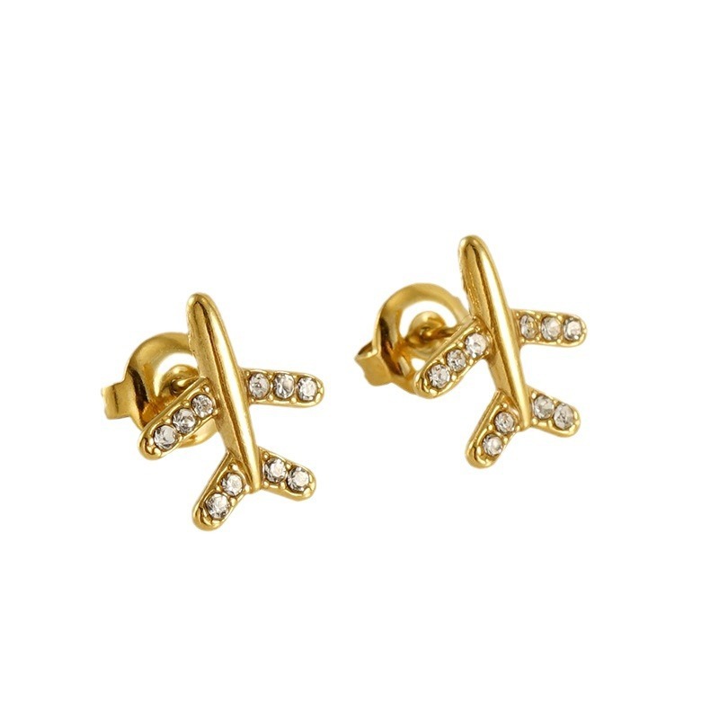Creative Airplane Stainless Steel with Rhinestones Stud Earrings
