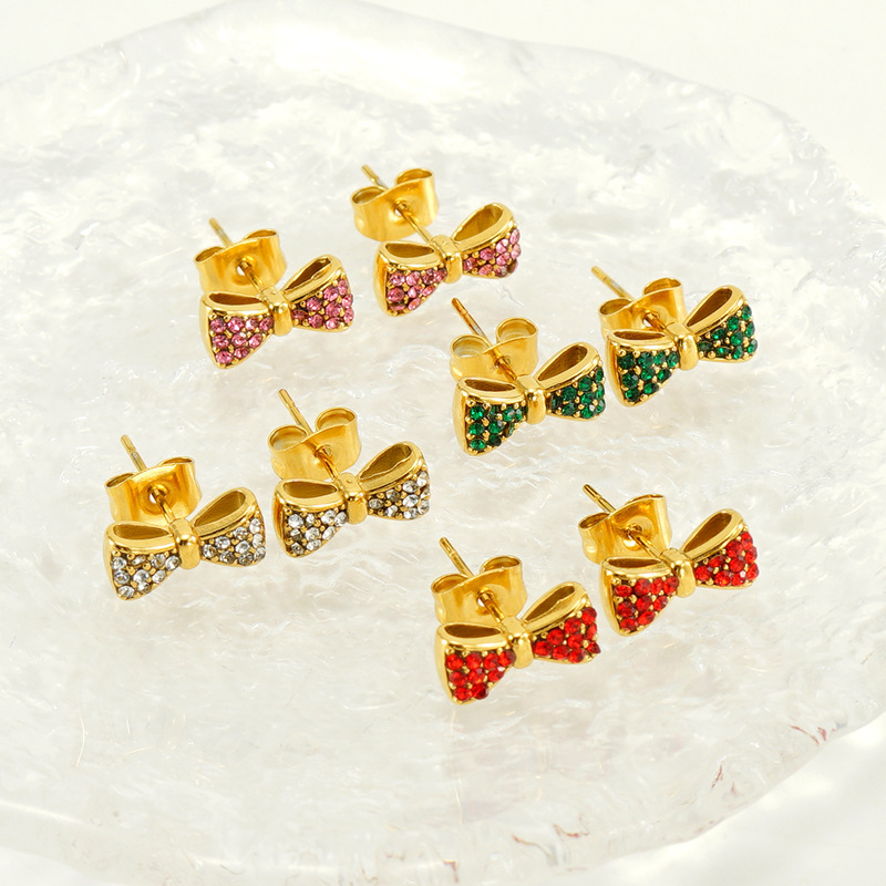 316L Stainless Steel French Bow With Rhinestones Stud Earrings