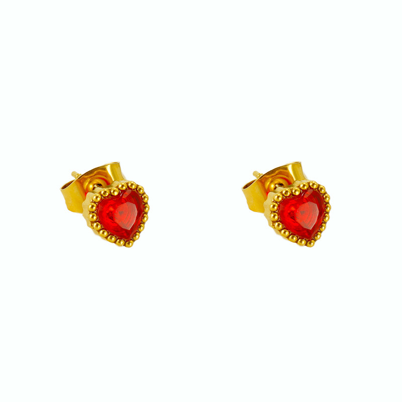 Sweet Gold Dot with Heart Zirconia Stainless Steel Stud Earrings