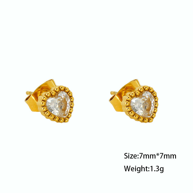 Sweet Gold Dot with Heart Zirconia Stainless Steel Stud Earrings