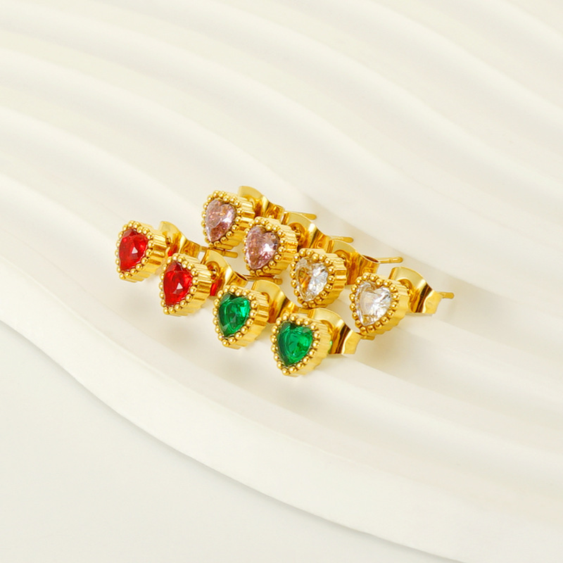 Sweet Gold Dot with Heart Zirconia Stainless Steel Stud Earrings