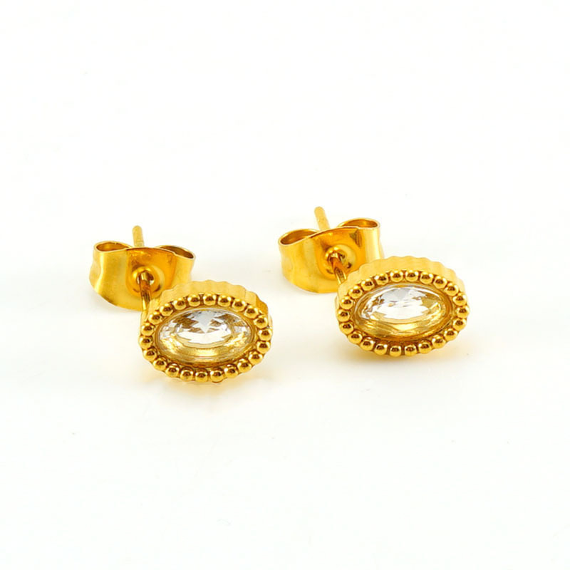 316L Stainless Steel Stylish Steel Bead Set Oval  Zircon Stud Earrings