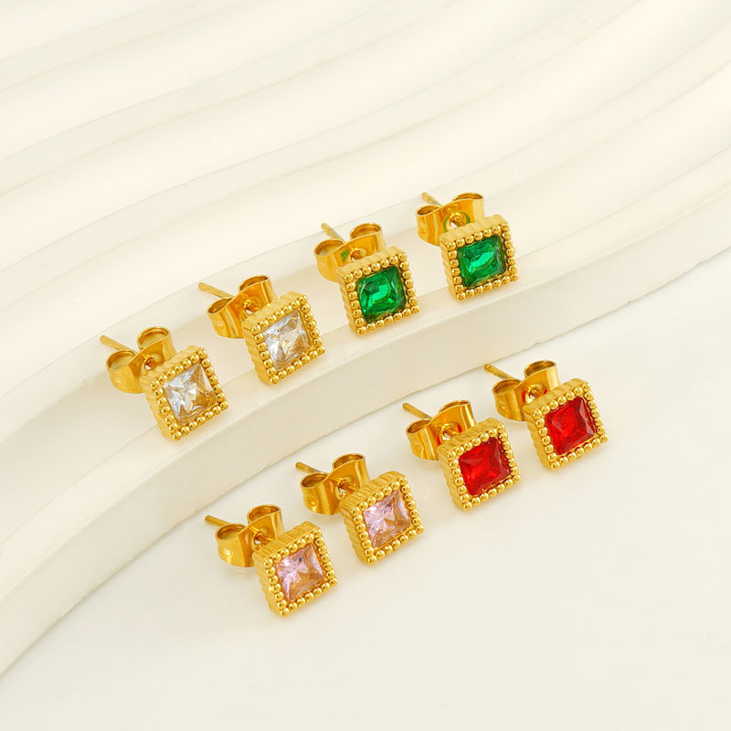 316L PVD Coated Stainless Steel Mini Square Zircon Stud Earrings