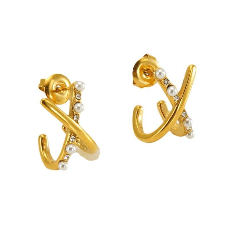 X-Shaped Crossover Pearl Rhinestone Stainless Steel Stud Earrings