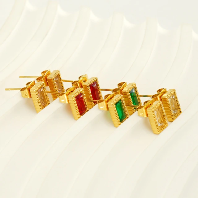 Decorative Border Stainless Steel Stud Earrings with Cubic Zirconium