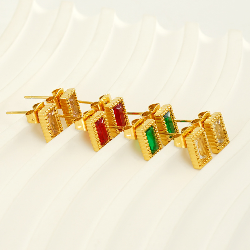 Decorative Border Stainless Steel Stud Earrings with Cubic Zirconium
