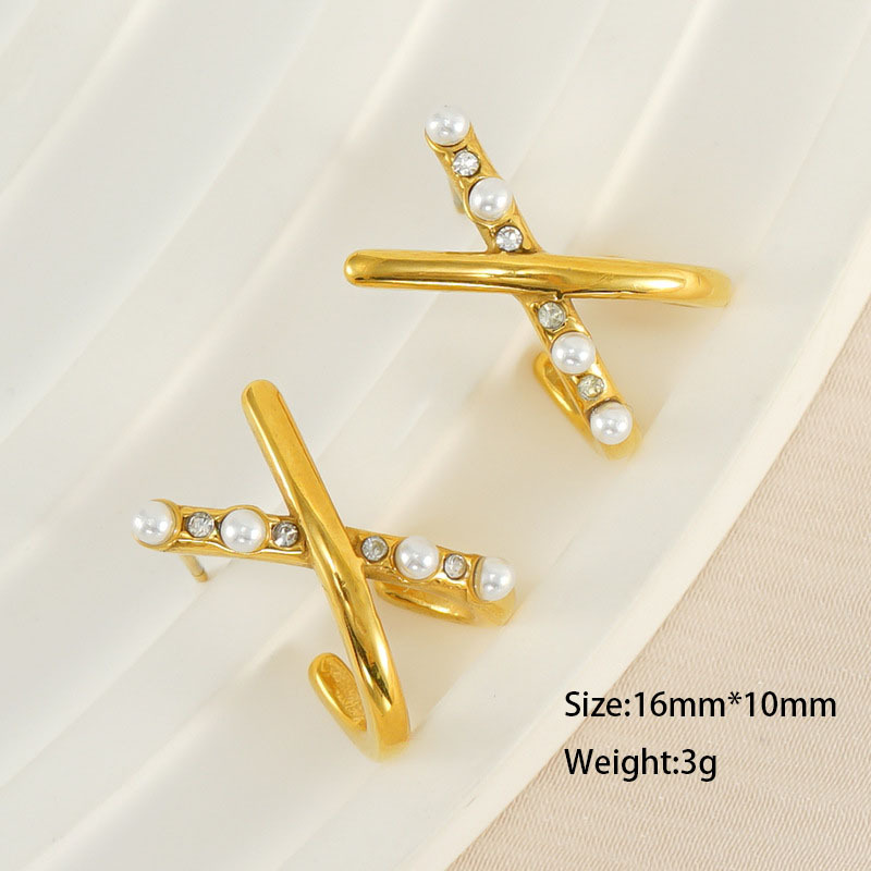 X-Shaped Crossover Pearl Rhinestone Stainless Steel Stud Earrings