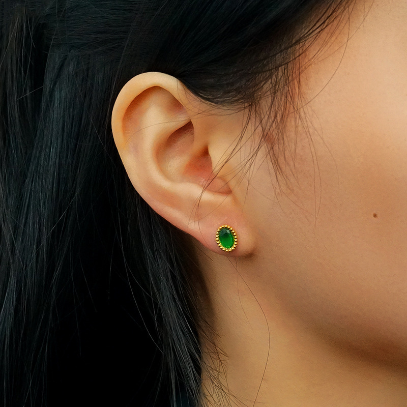 316L Stainless Steel Stylish Steel Bead Set Oval  Zircon Stud Earrings