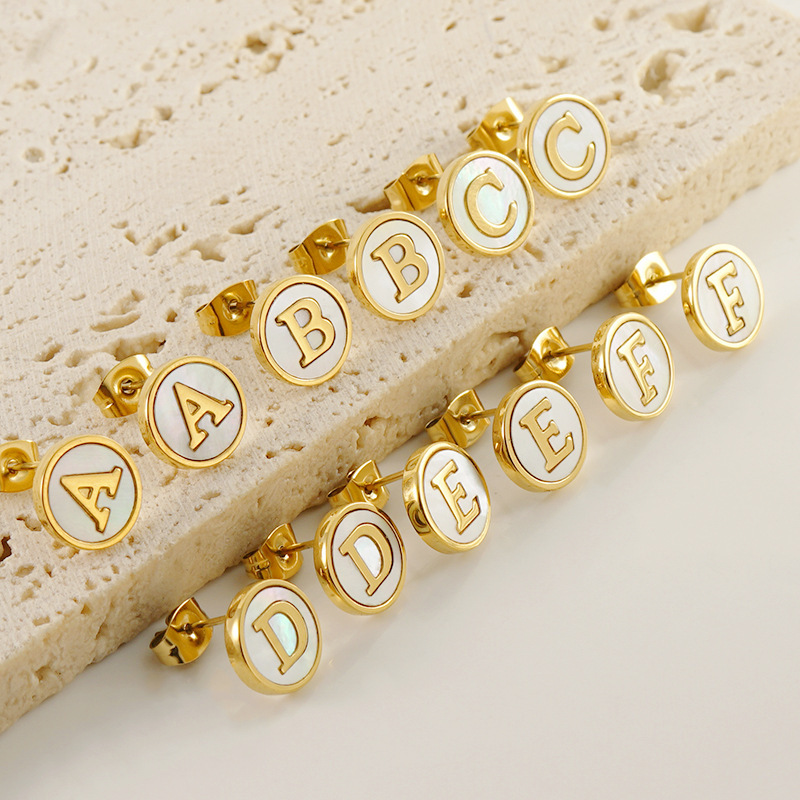 26  Letter  Round Shell Stainless Steel Gold Plated  Stud  Earrings