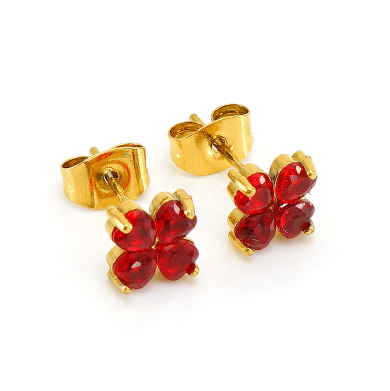 PVD Coated French Sweet Stainless Steel Heart Flower Zircon Stud Earrings