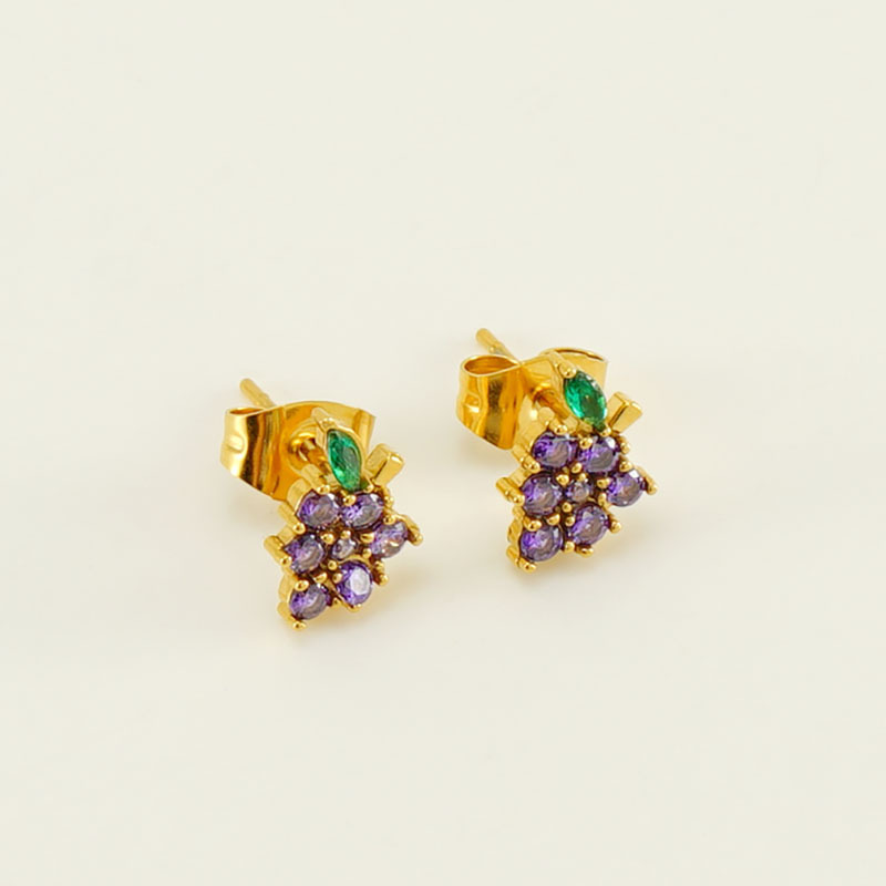 Sweet 18k Gold Grape Stainless Steel Stud Earrings with Zircon