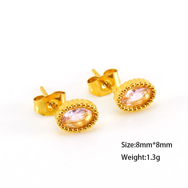 316L Stainless Steel Stylish Steel Bead Set Oval  Zircon Stud Earrings