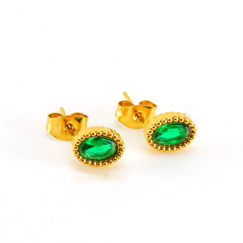 316L Stainless Steel Stylish Steel Bead Set Oval  Zircon Stud Earrings