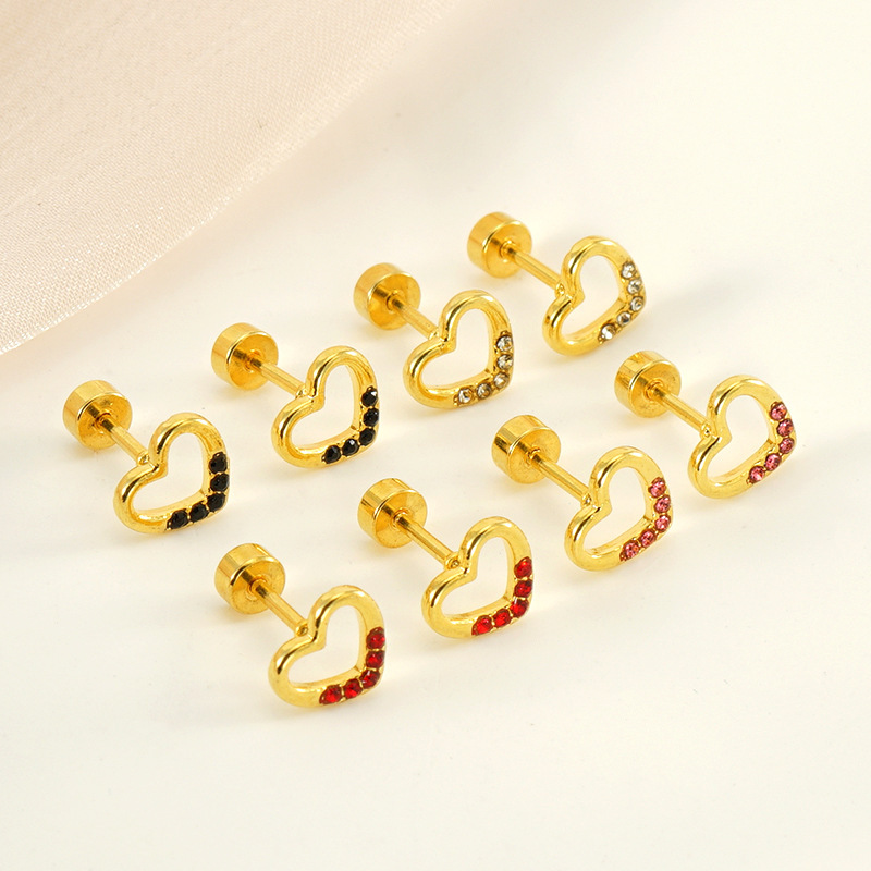 Gold heart outline with rhinestone Stainless Steel Stud Earrings