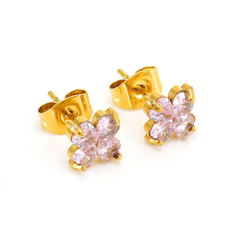 PVD Coated French Sweet Stainless Steel Heart Flower Zircon Stud Earrings