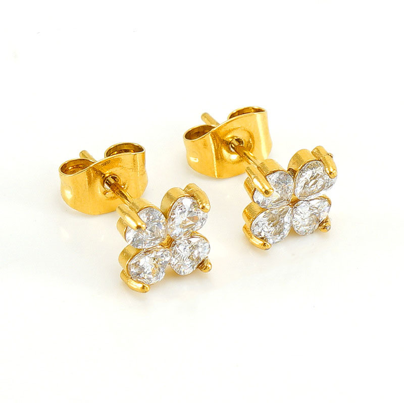 PVD Coated French Sweet Stainless Steel Heart Flower Zircon Stud Earrings