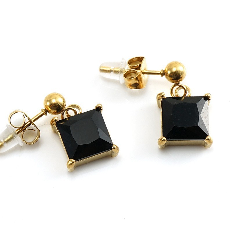 PVD Plated  Square Raised Stainless Steel Stud Earrings With Zircon