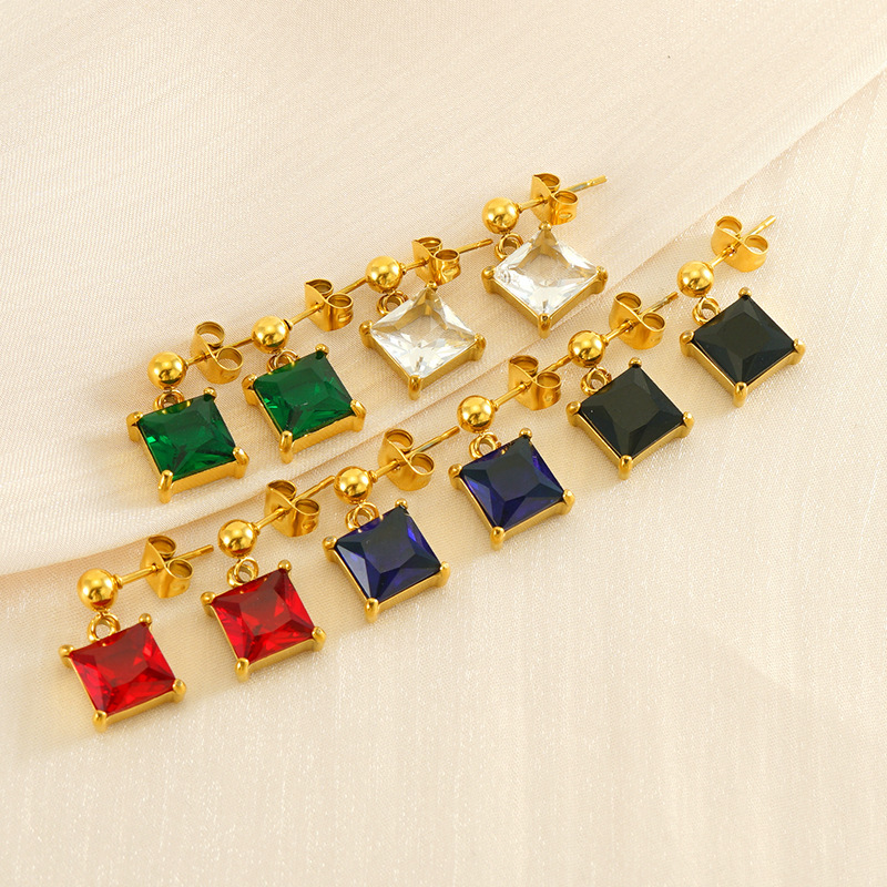 PVD Plated  Square Raised Stainless Steel Stud Earrings With Zircon
