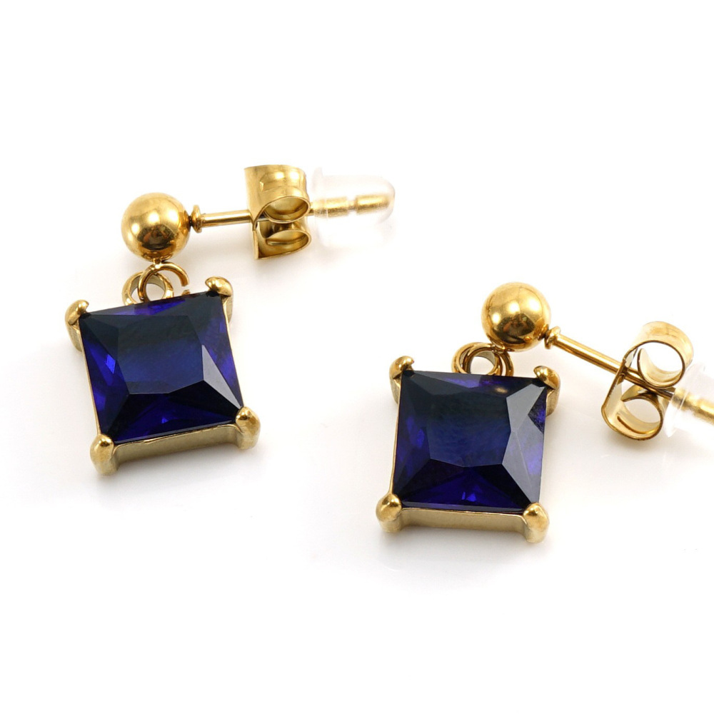 PVD Plated  Square Raised Stainless Steel Stud Earrings With Zircon