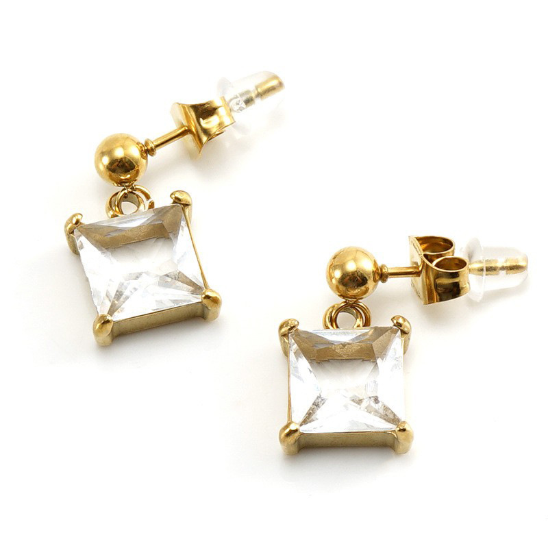 PVD Plated  Square Raised Stainless Steel Stud Earrings With Zircon