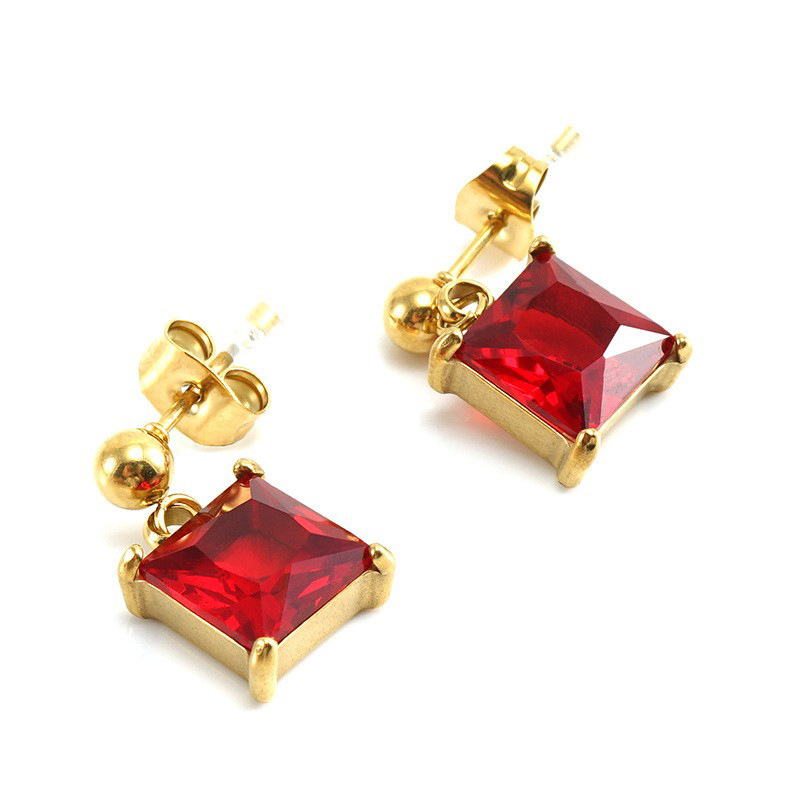 PVD Plated  Square Raised Stainless Steel Stud Earrings With Zircon