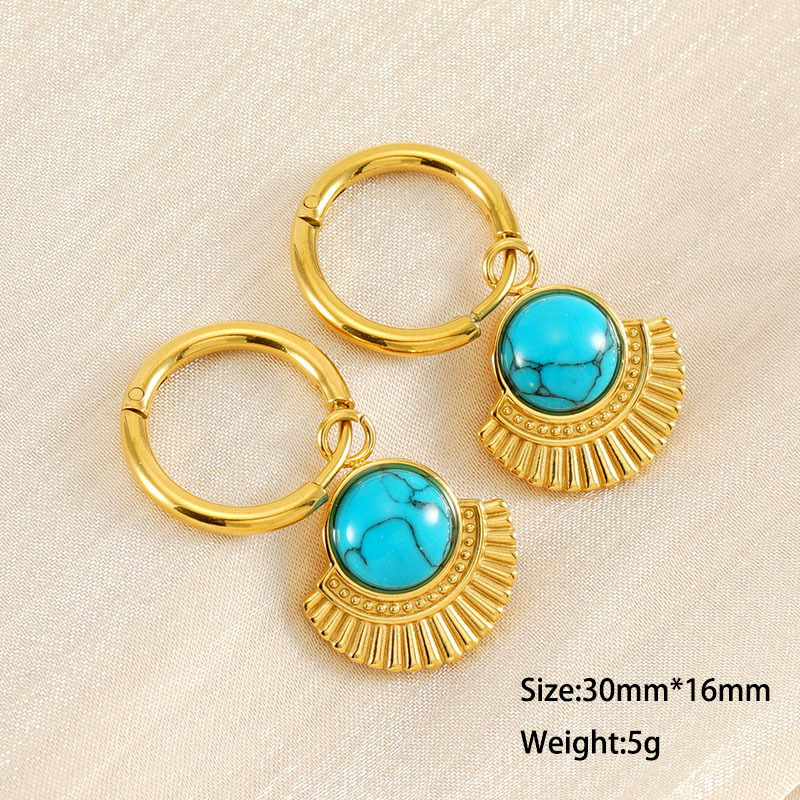 Stainless Steel Hoop Earrings Set With Round Turquoise Scalloped Pendants