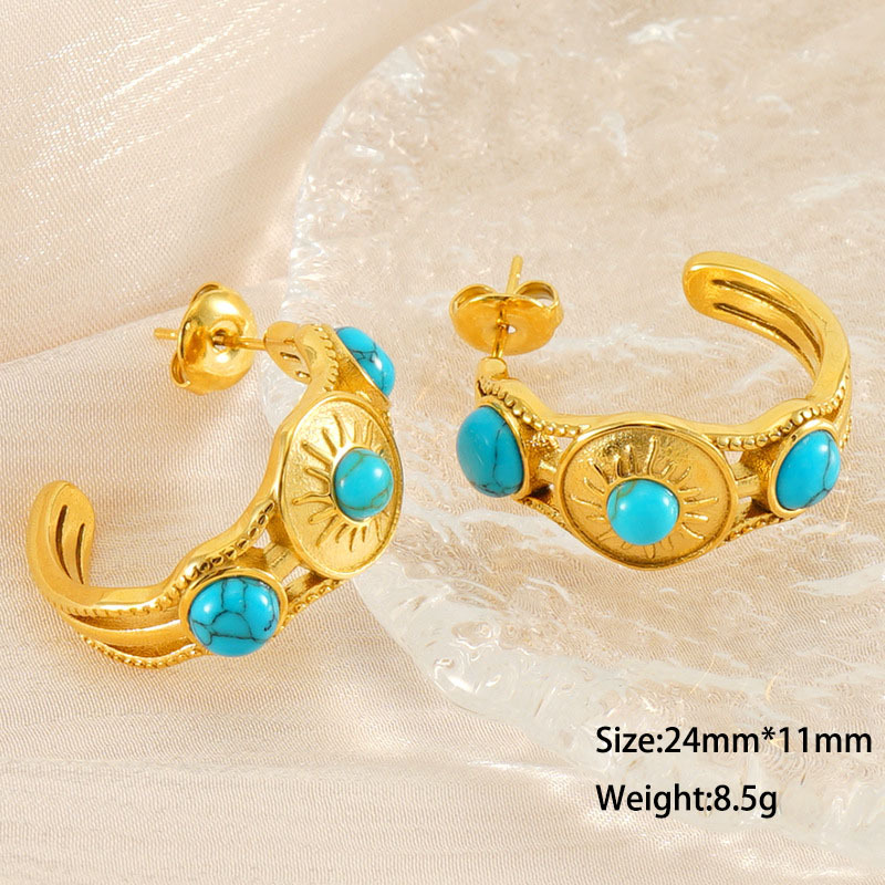 C-Shape French Vintage Turquoise Stainless Steel Gold-Plated  Stud Earrings