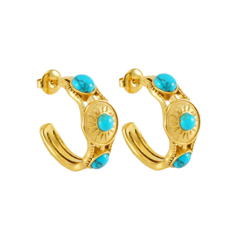 C-Shape French Vintage Turquoise Stainless Steel Gold-Plated  Stud Earrings