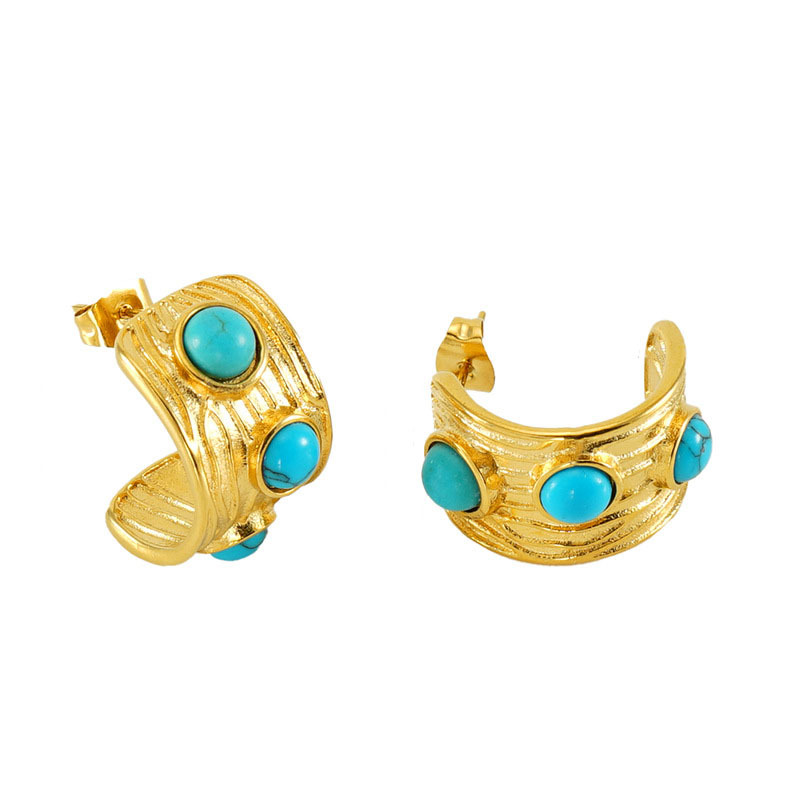 Stainless Steel Earrings With 3 Blue Turquoise Stones In the Shape of  the Moon