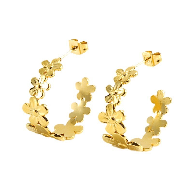 PVD Stainless Steel Daisy Flower Earrings with C Shape