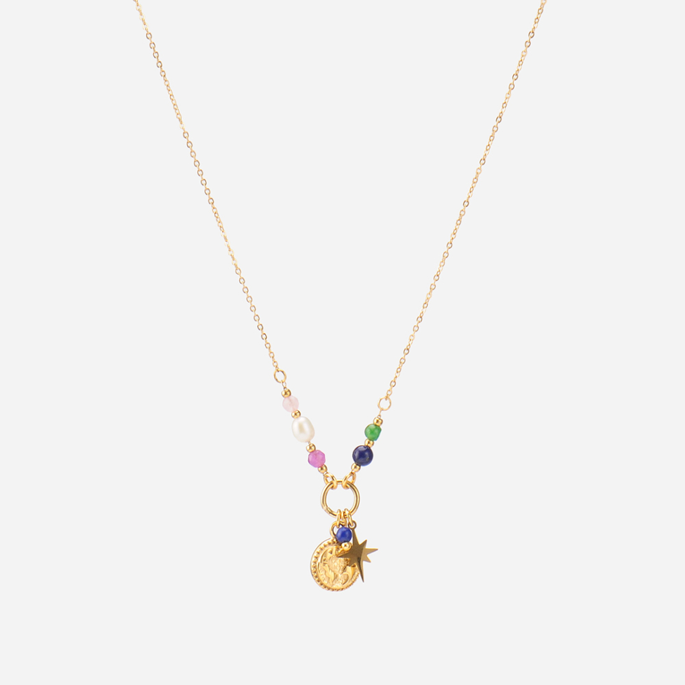 *Pre-order* PVD coated worldmap medallion with natural stone necklace