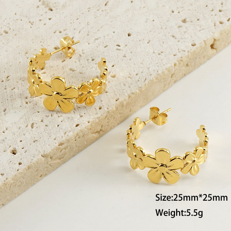 PVD Stainless Steel Daisy Flower Earrings with C Shape