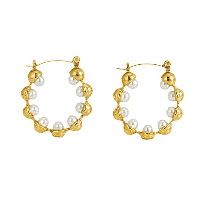 Simple 18k Gold Plated  Stainless Steel Round Pearl Earrings