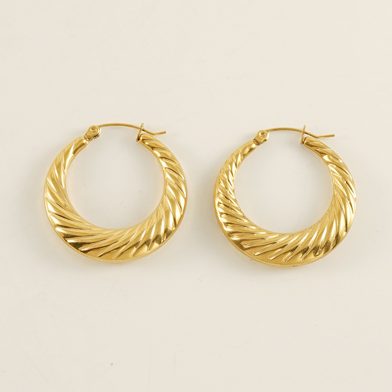 Retro Corrugated Tapered Stainless Steel Earrings with Hoop Back