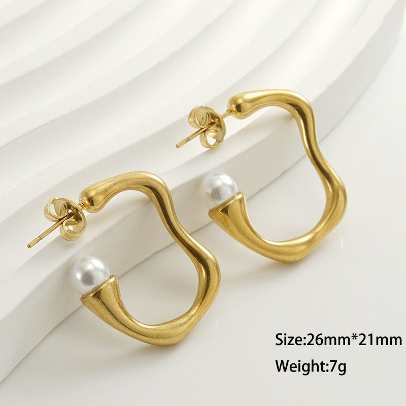 Simple Irregular C Hoop Stainless Steel Earrings with Pearls