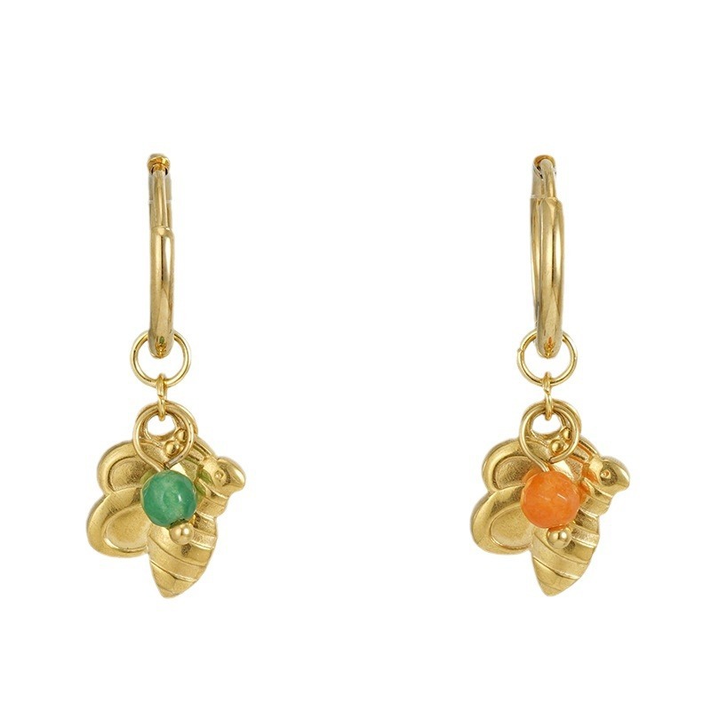 Vintage Rustic Stainless Steel Bee & Natural Sea Urchin Stone Earrings