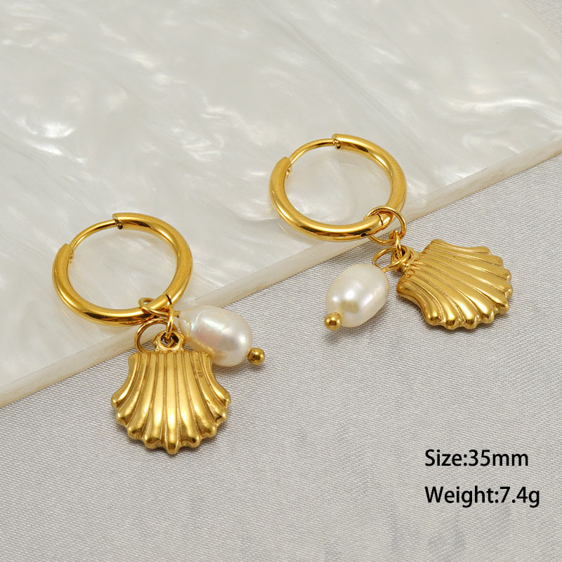 French Scalloped Shells Gold-Plated Pendant & Pearl Stainless Steel Earrings