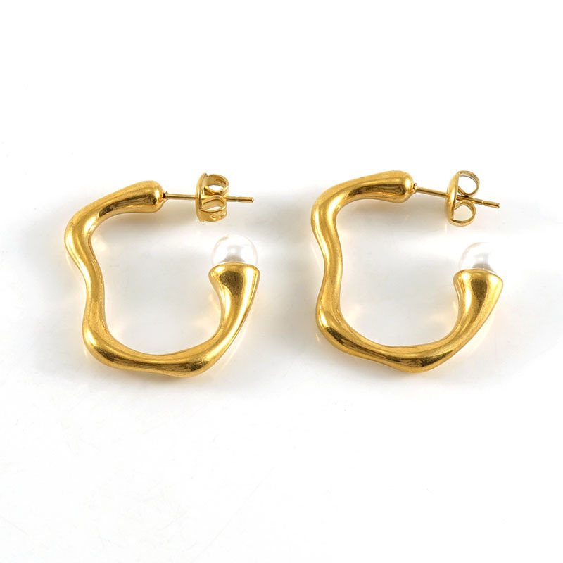 Simple Irregular C Hoop Stainless Steel Earrings with Pearls