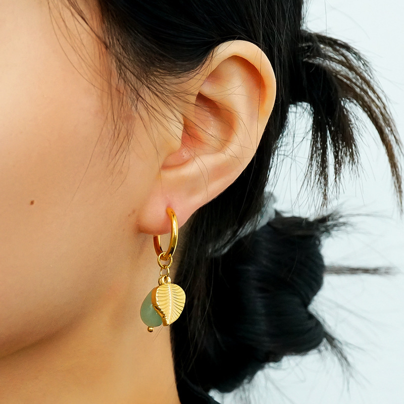 PVD Coated Stainless Steel Leaf and Natural Stone Charm Huggie Earrings