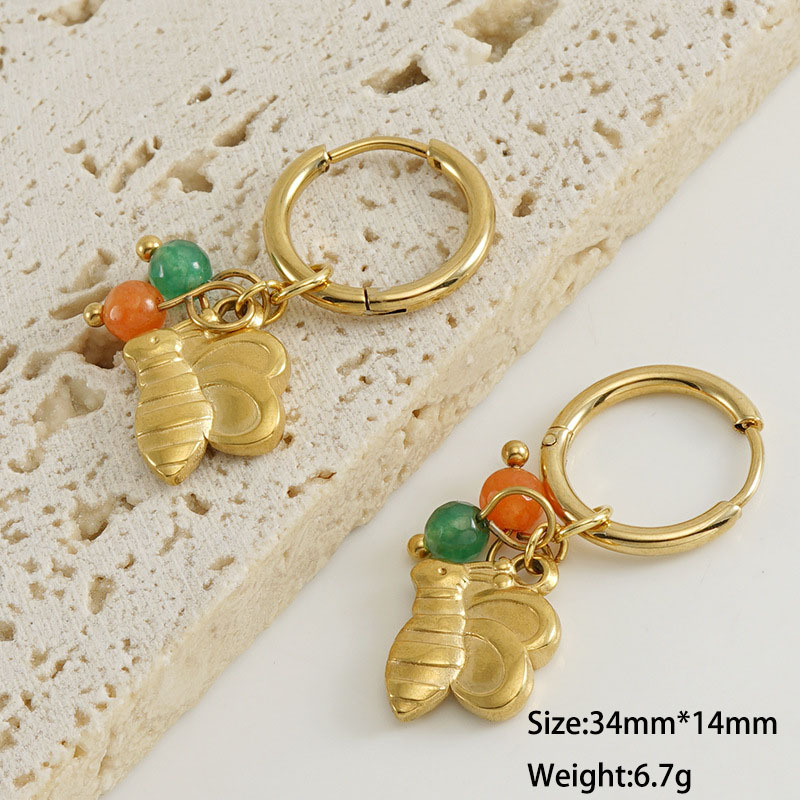 Vintage Rustic Stainless Steel Bee & Natural Sea Urchin Stone Earrings