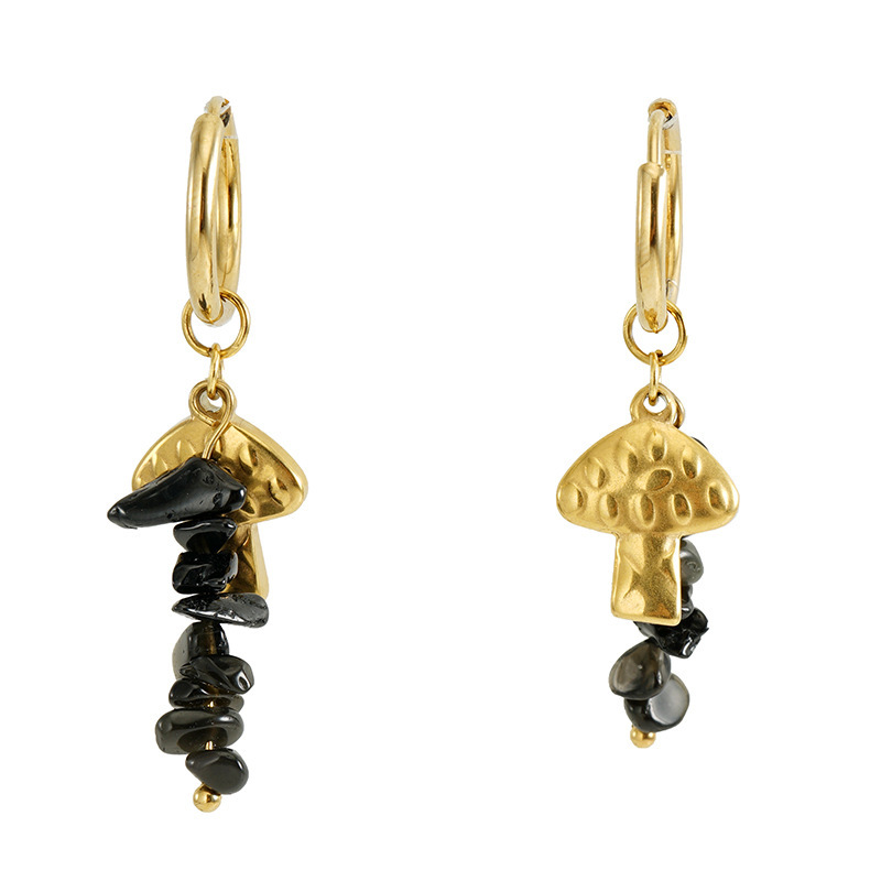 Fashion Stainless Steel Earrings with Black Natural Stones and Mushroom Pendant