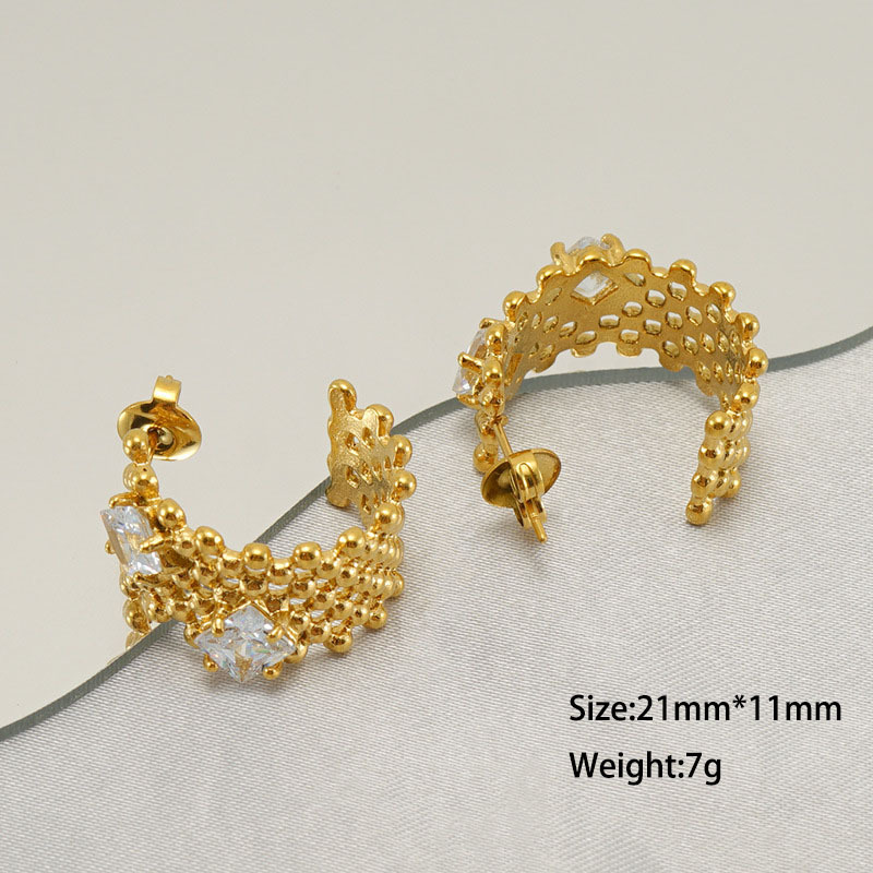 Timeless 316L Stainless Steel Reticulate C Hoop Earrings with Zircon