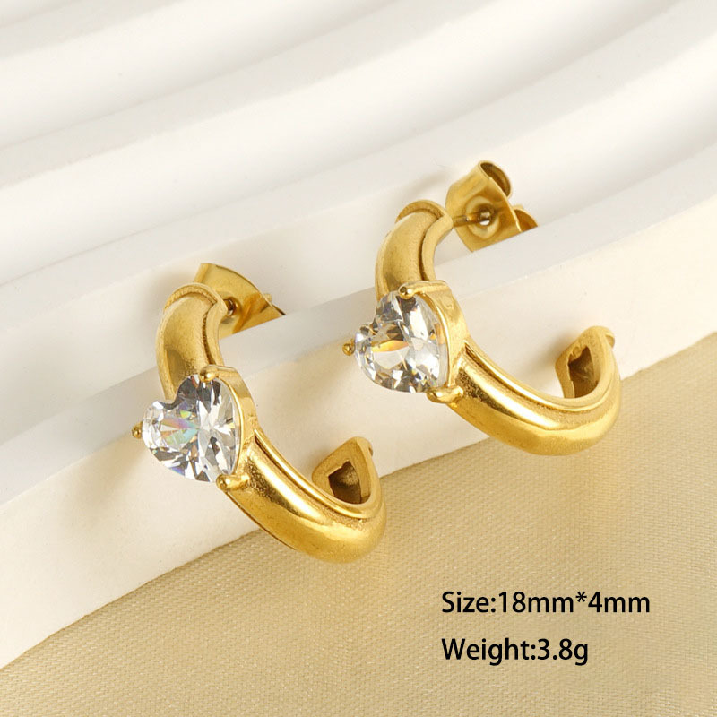 18K Gold Plated Stainless Steel C Hoops Earrings with Heart Zircon