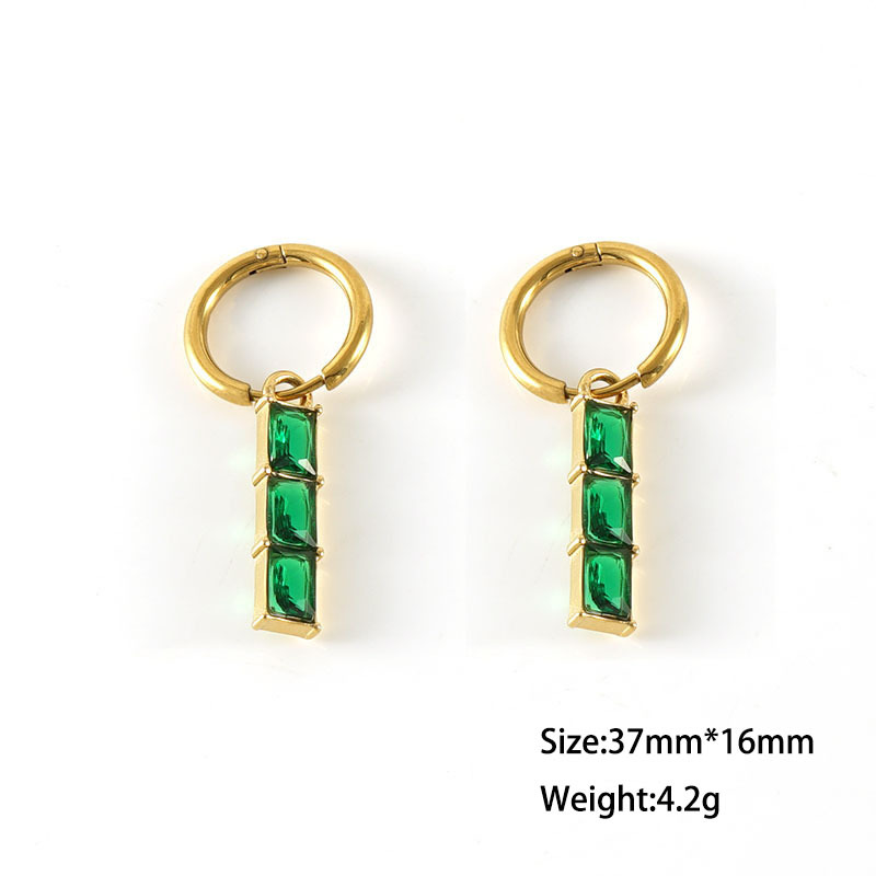 New Stainless Steel Hoop Earrings with 3 Baguette Green Zirconias