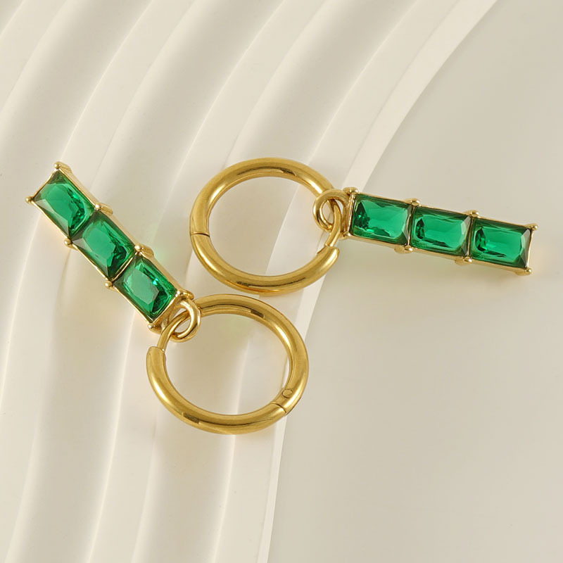 New Stainless Steel Hoop Earrings with 3 Baguette Green Zirconias