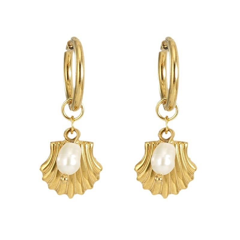 French Scalloped Shells Gold-Plated Pendant & Pearl Stainless Steel Earrings