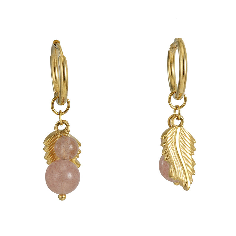Natural Stone & Leaf Charm Huggie Bohemian Earrings Made of Stainless Steel
