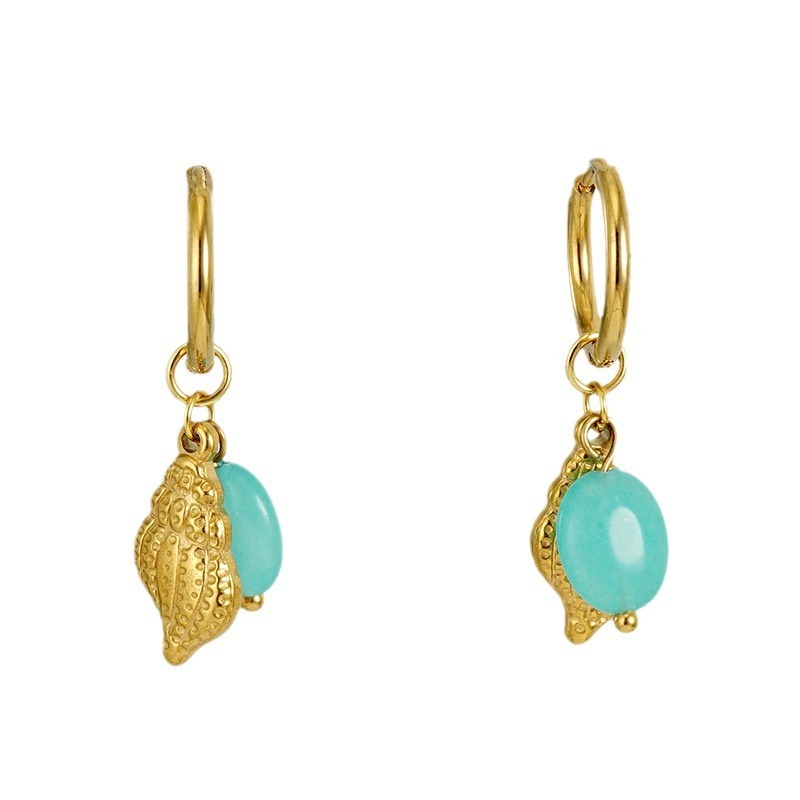 Bohemian Stainless Steel Huggies Earrings with Whelks & Natural Stone Charm